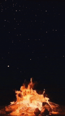 a campfire is lit up in the dark under a starry sky