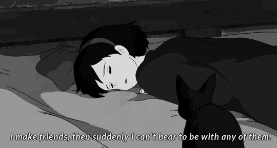 a black and white cartoon of a girl sleeping with the words " i make friends then suddenly "
