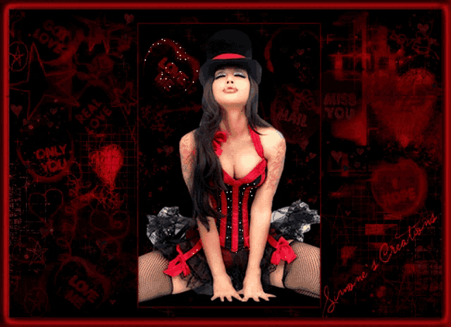 a woman in a corset and top hat is surrounded by hearts and the words miss you