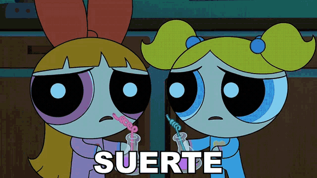 a cartoon of two girls with the word suerte above them