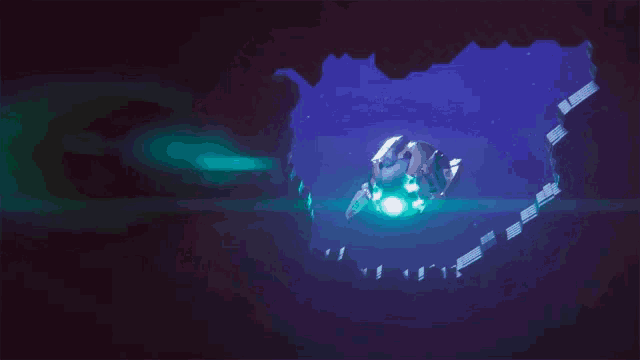 a video game scene with a blue light coming out of a hole