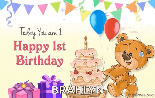a teddy bear is standing next to a cake and balloons .
