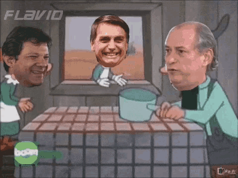 a cartoon of three men sitting at a table with flavio written on the bottom left