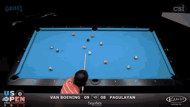a pool table with the us open written on the bottom