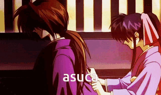 a couple of anime characters are standing next to each other and the word asuca is on the bottom left
