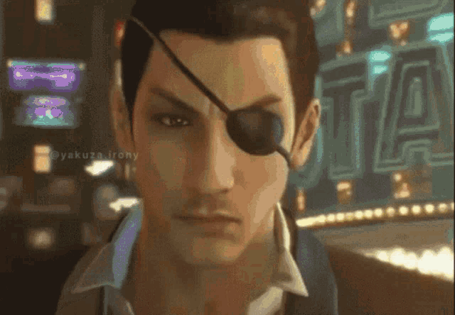 a close up of a man wearing an eye patch with yakuza irony written on the bottom right