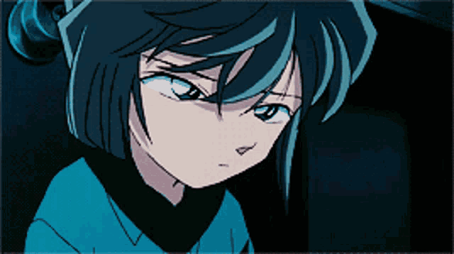 a close up of a blue haired anime character