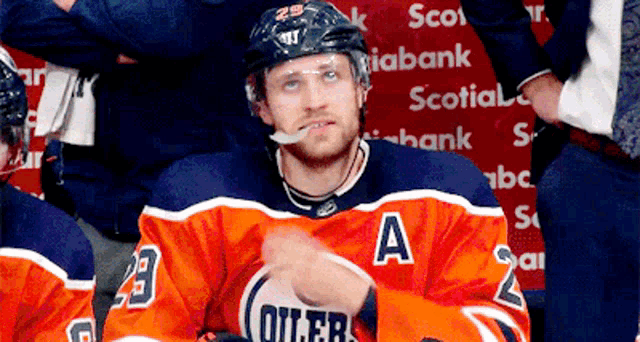 a hockey player wearing a jersey with the number 23 on it