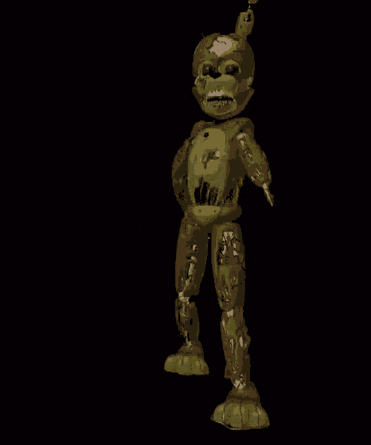 a cartoon character with a broken head and arms is standing on a black background