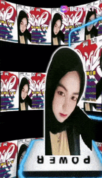 a woman in a black hijab is surrounded by images of her and the word power