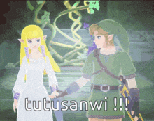 a video game character is holding a woman 's hand and says tutusanwi !!