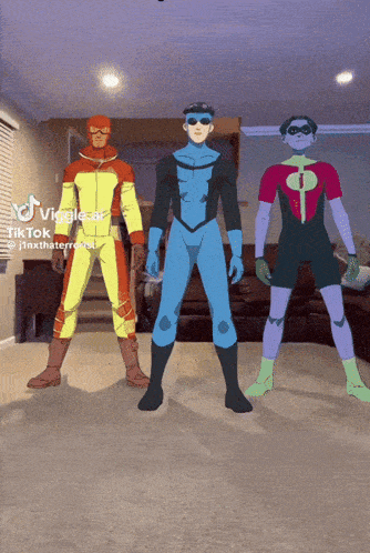 three cartoon characters are standing next to each other and the caption says tiktok