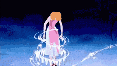 a cartoon of a woman in a pink dress standing in the snow surrounded by sparks .