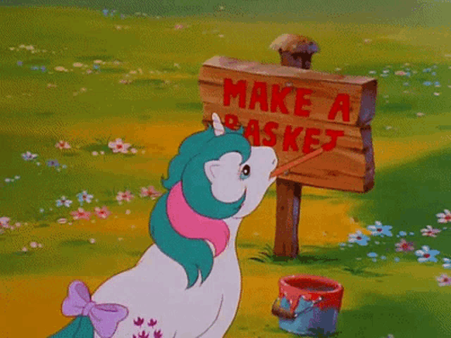 a cartoon pony is standing in front of a wooden sign that says make a basket