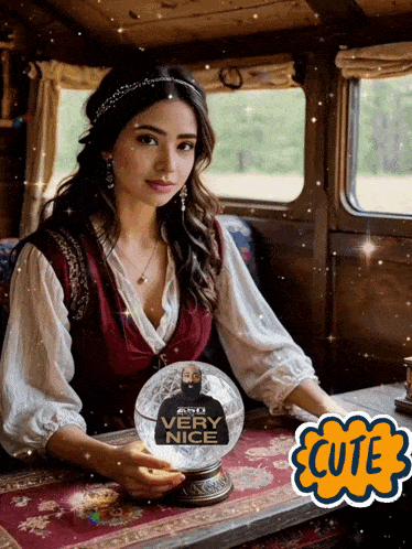 a woman holding a snow globe that says very nice