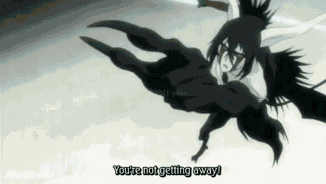 a black and white anime scene with the words " you 're not getting away " on the bottom