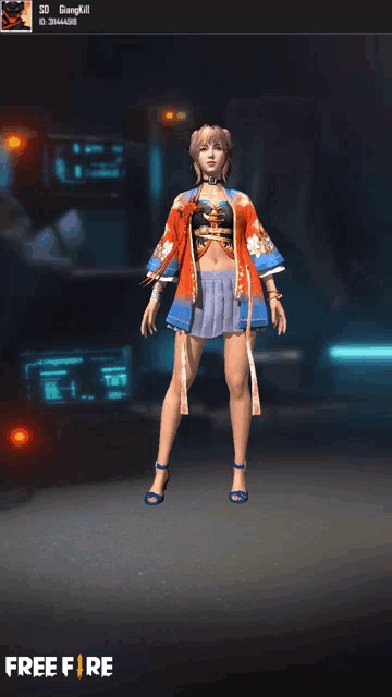 a girl in a red and blue outfit is standing in front of a free fire screen