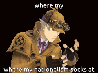 a cartoon of a man with a hat and goggles says where my where my nationalism socks at