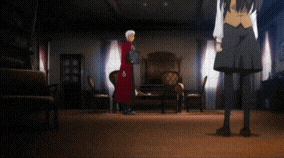 a woman in a black skirt is standing in a room with a man in a red dress