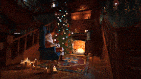 santa claus is standing in front of a fireplace and stairs