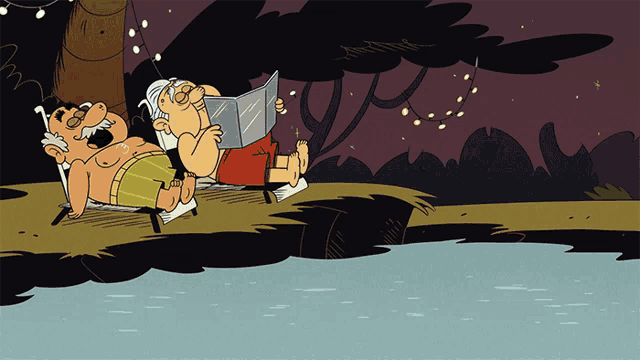 a cartoon of a man reading a book next to a river