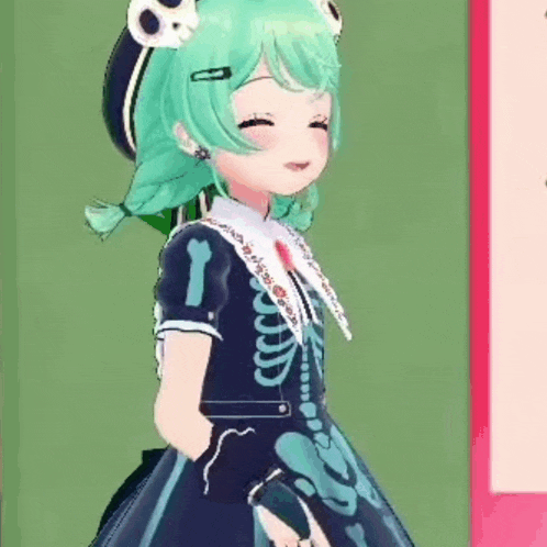 a girl with green hair and a frog hat is wearing a skeleton dress and holding a book .