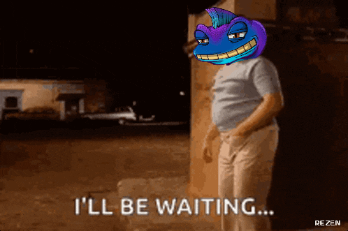 a man with a cartoon character on his head says " i ll be waiting "