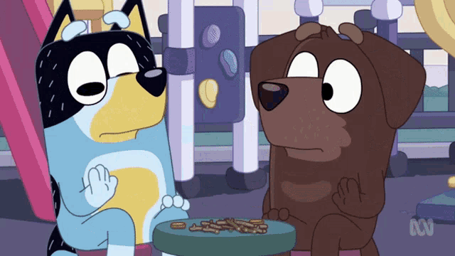 two cartoon dogs are sitting next to each other and one of them is holding a plate of food that says abc on it