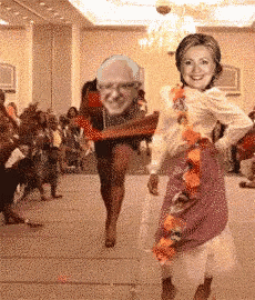 hillary clinton and bernie sanders are dancing together in a room .
