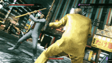 a man in a yellow suit is playing a video game