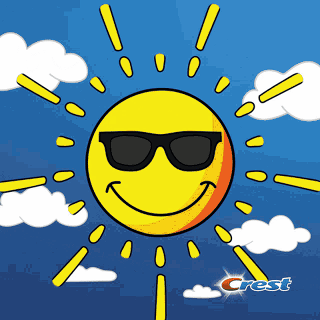 a cartoon sun with sunglasses and the crest logo on the bottom