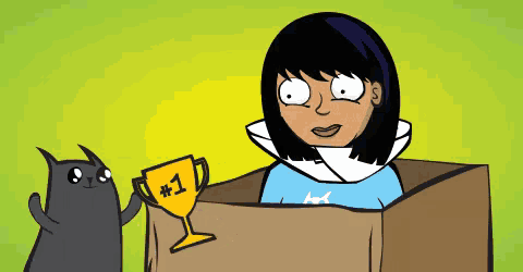 a cartoon of a woman in a box holding a trophy with # 1 on it