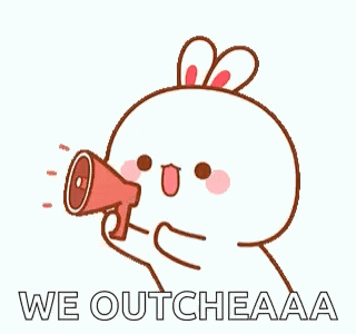 a cartoon rabbit is holding a megaphone in its hand and saying `` we outcheaaa '' .