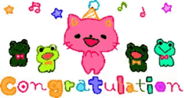 a pink cat is surrounded by green frogs and the words congratulation