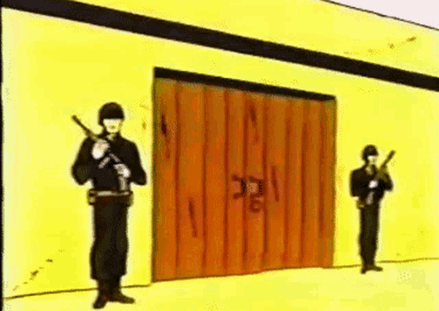 a cartoon of two soldiers standing in front of a wooden garage door .