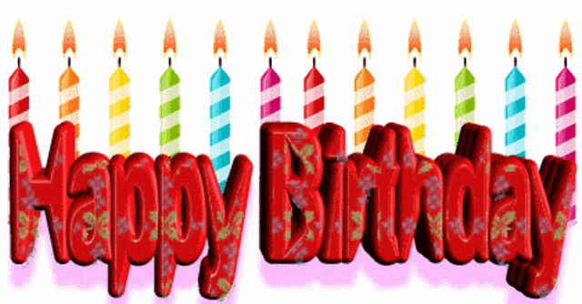 a row of colorful birthday candles with the words happy birthday in red
