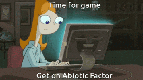a cartoon of a girl sitting in front of a computer with the words time for game get on abiotic factor below her