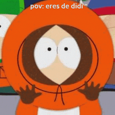 a cartoon character from south park is wearing an orange hoodie and holding his hands up .