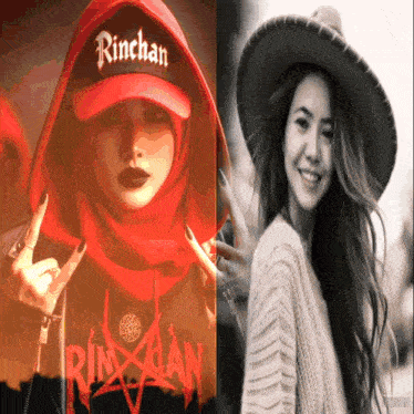 a woman is wearing a red rinchan hat