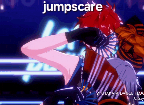 a girl with red hair is wearing a fan and the word jumpscare is on the screen