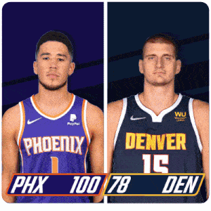 two basketball players from the phoenix and denver teams are standing next to each other