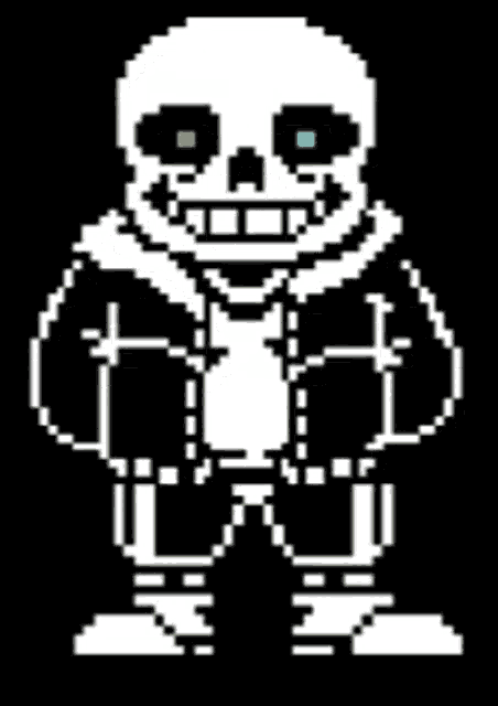 a pixel art of a skeleton with blue eyes and a black background .