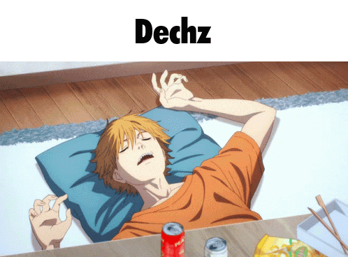 a man laying on a pillow with the word dechz on the top
