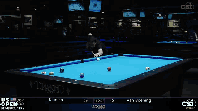 a pool table with a blue cloth and the word diamond on it