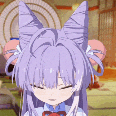 a girl with purple hair has a cat ear on her head