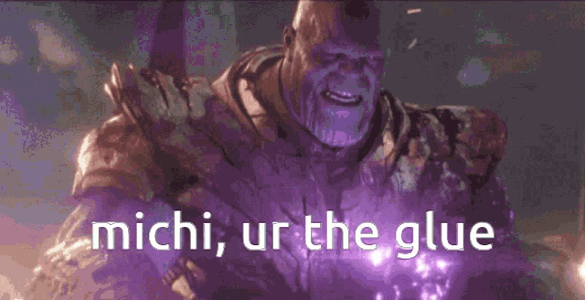 a purple background with the words michi ur the glue on it .