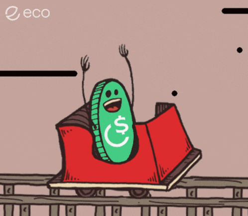 a cartoon drawing of a roller coaster with a green coin with a dollar sign on it