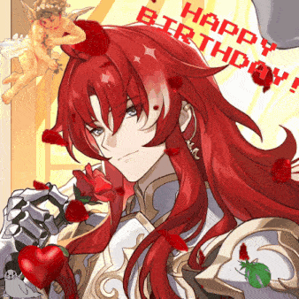 a man with long red hair is holding a heart with the words " happy birthday " written above him
