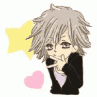 a cartoon of a girl with gray hair making a peace sign .
