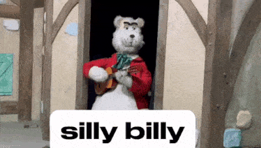 a polar bear is playing an ukulele with the name silly billy below him